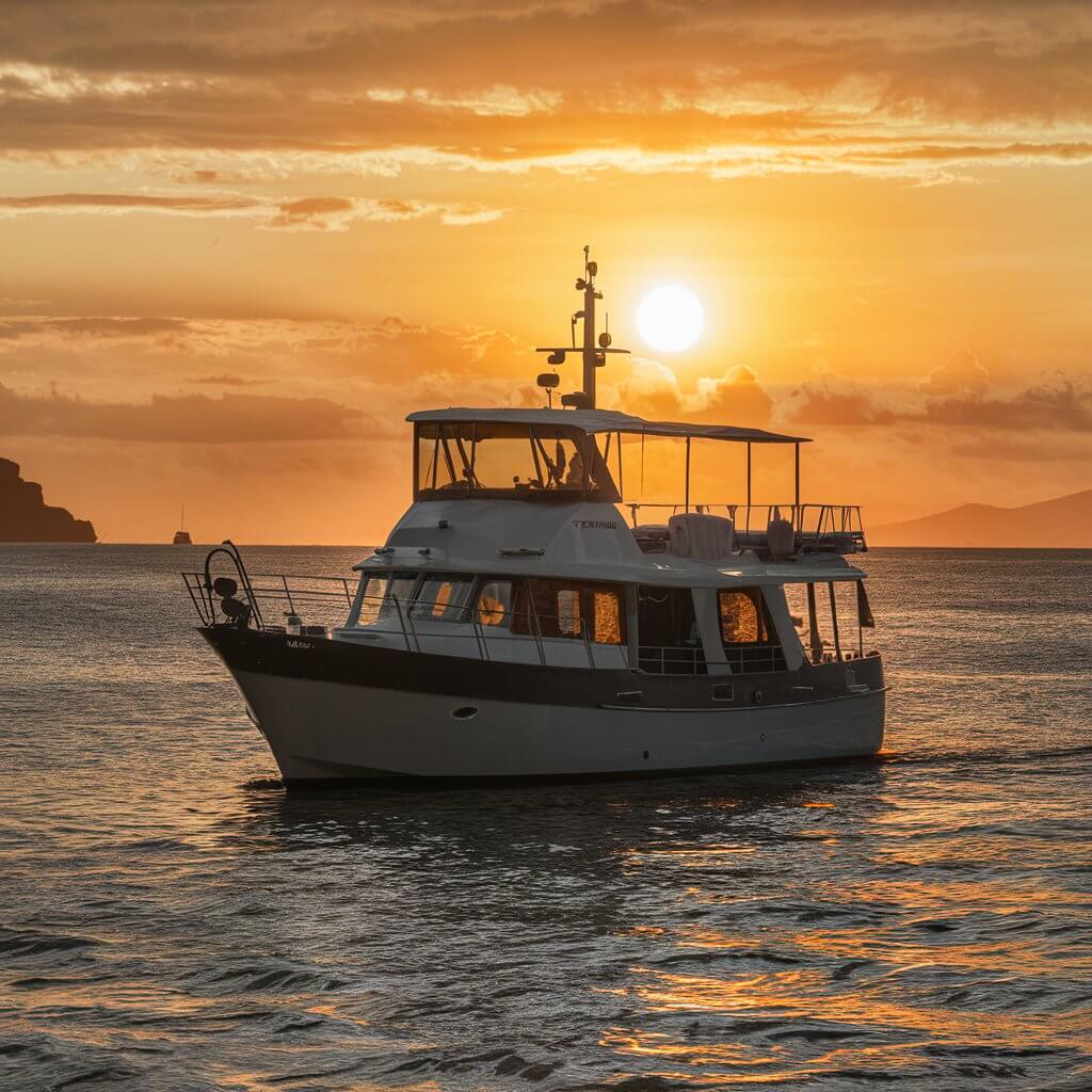 Barco de passeio com cabine e deck